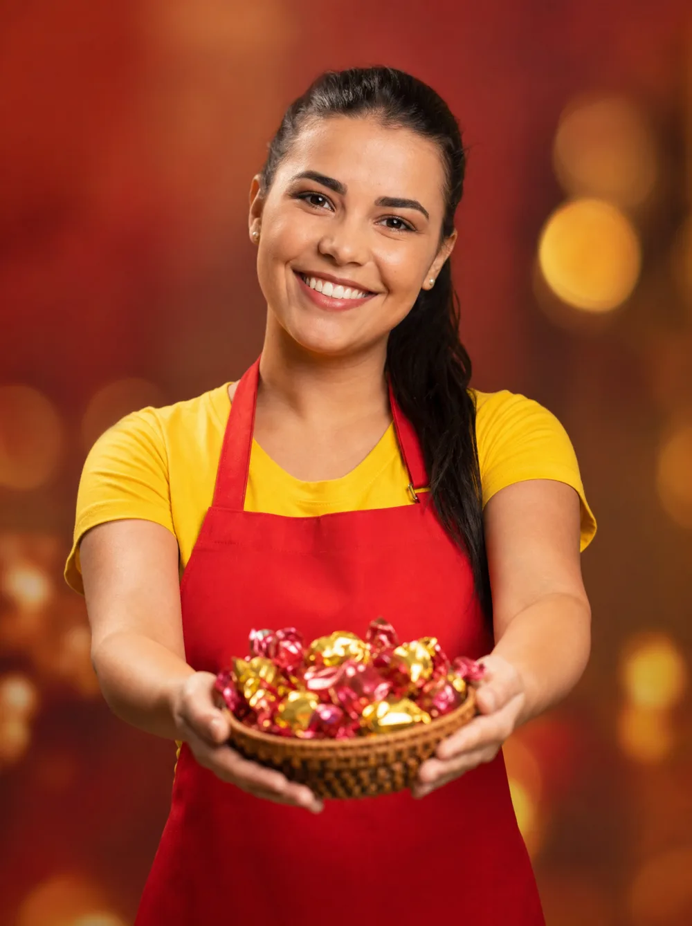 Atendente sorridente de avental vermelho oferecendo uma cesta de doces