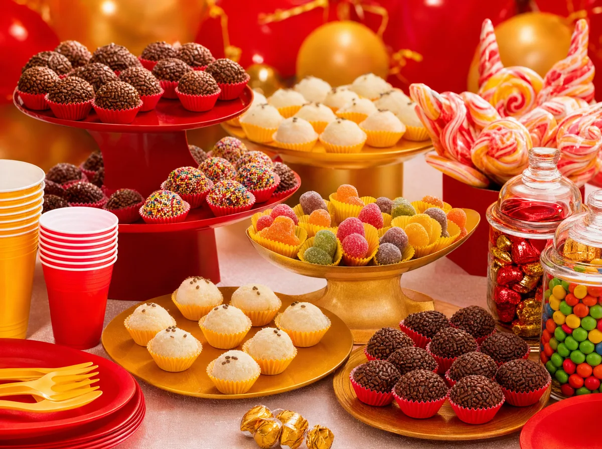 Mesa de festa com brigadeiros, doces, copos coloridos e potes de vidro